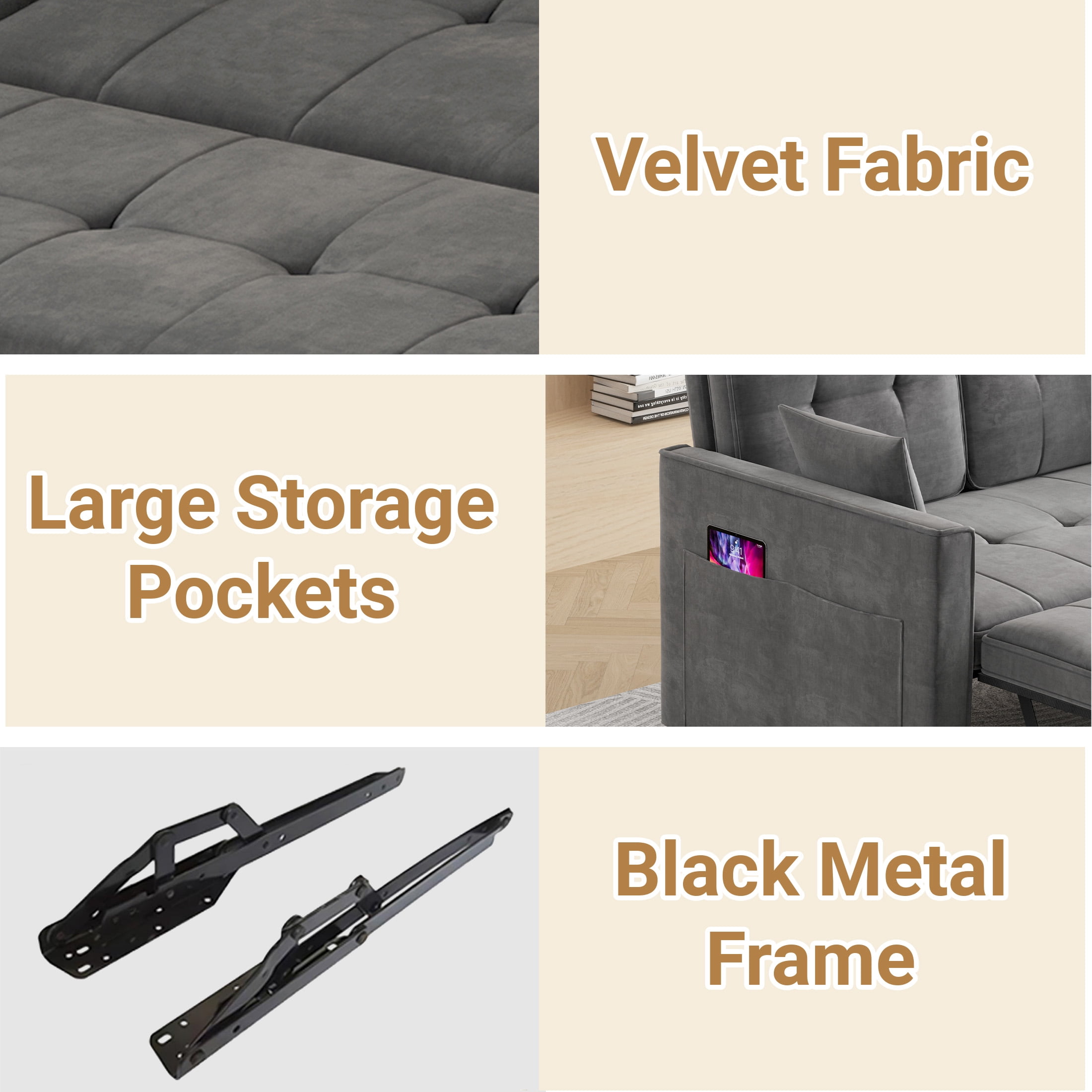 Convertible Sofa Bed,3-in-1 Sleeper Sofa with Pull Out Bed,Velvet Couch with Adjsutable Backrest and 2 Pillows for Living Room,Gray