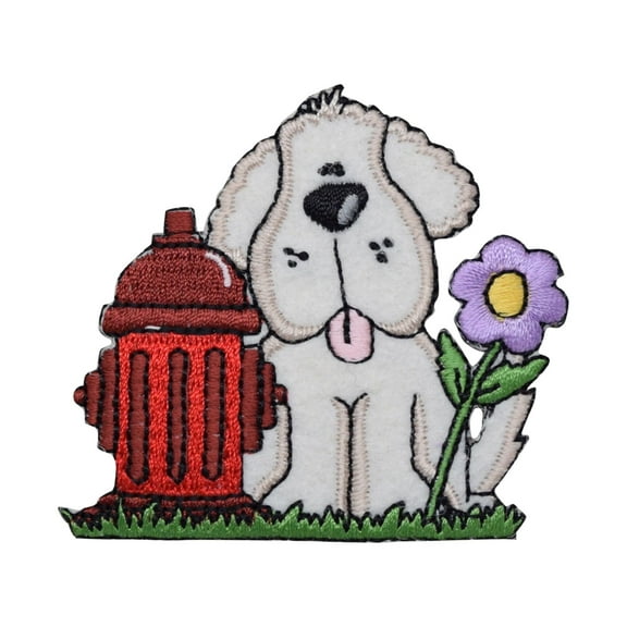 Puppy Dog with Fire Hydrant Iron on Embroidered Patch