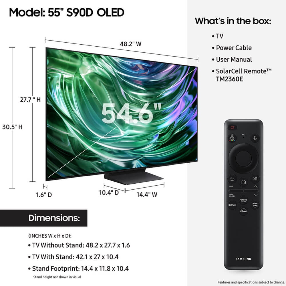 Samsung QN55S90DKIT1 55 inch OLED S90D 4K UHD Smart TV Bundle with Quantum HDR+, 144Hz Gaming, Dolby Atmos, Alexa Buil