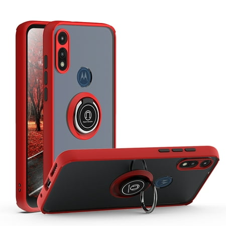 TJS Phone Case Compatible for Motorola Moto E 2020, 360 Degrees Rotating Metal Ring Magnetic Support Transparent Protector Armor Cover (Red)