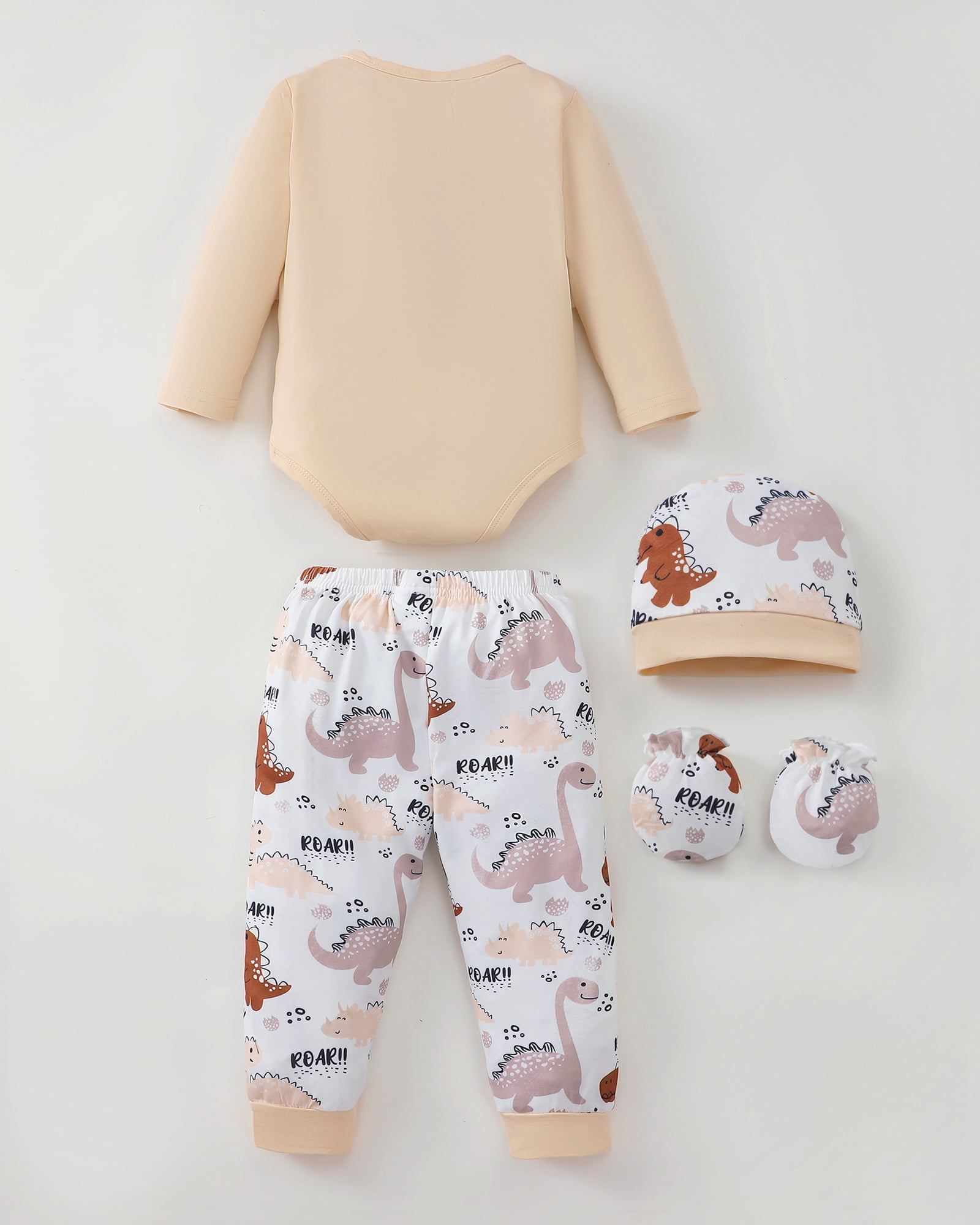 KIMI BEAR Newborn Baby Boys Layette Set 4 Packs Outfits Winter Clothes Sets Long Sleeves Romper Pants Dinosaur Print Stripped Top with Hat and Gloves 16pcs Gifts Brown 6-9 Months