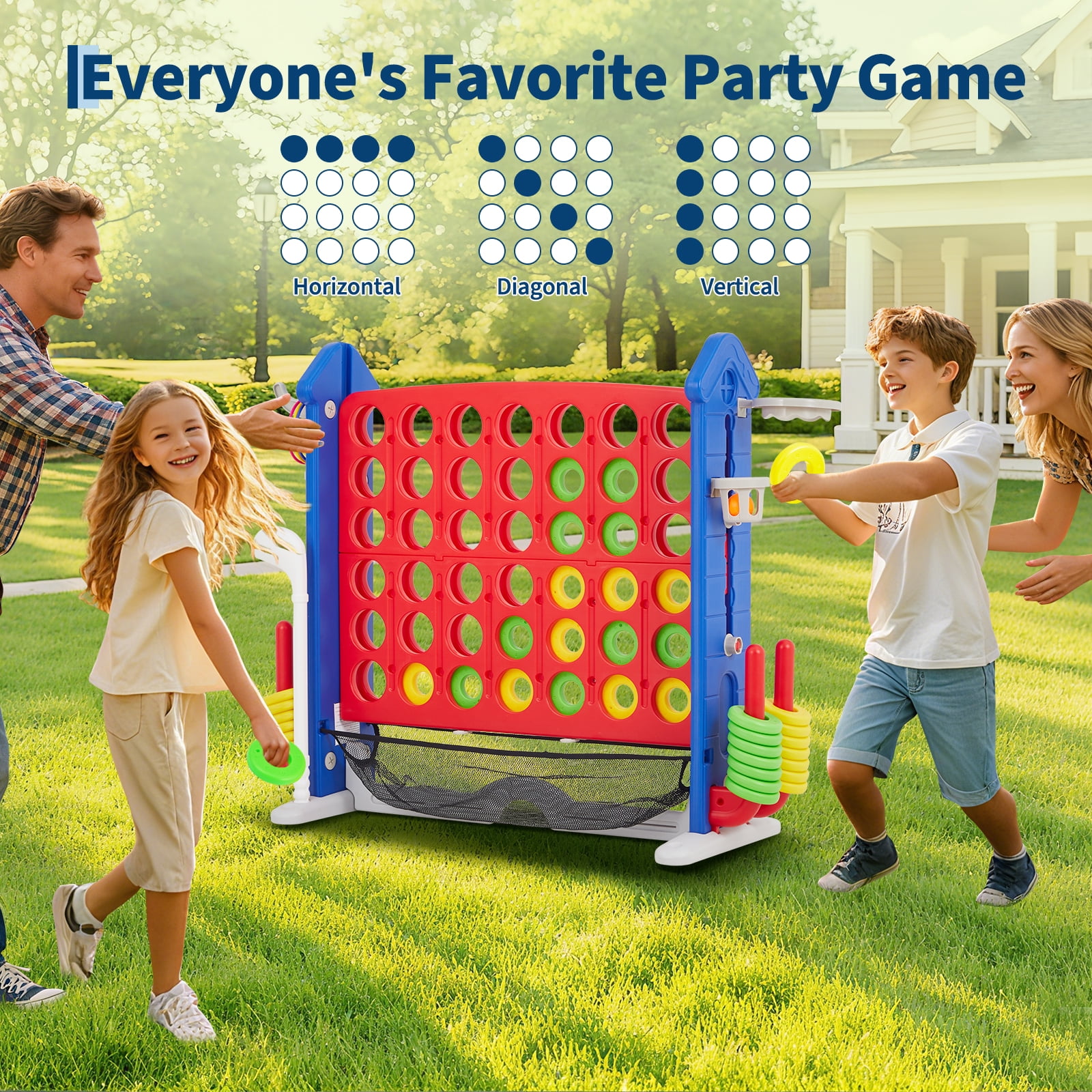 Versatile 4-in-1 Jumbo Floor Board Game Set – Adjustable 3-Level Height, Includes Four in a Row, Golf, Basketball & Ring Toss – Durable HDPE, Indoor/Outdoor Family Fun, Easy Carry Bag