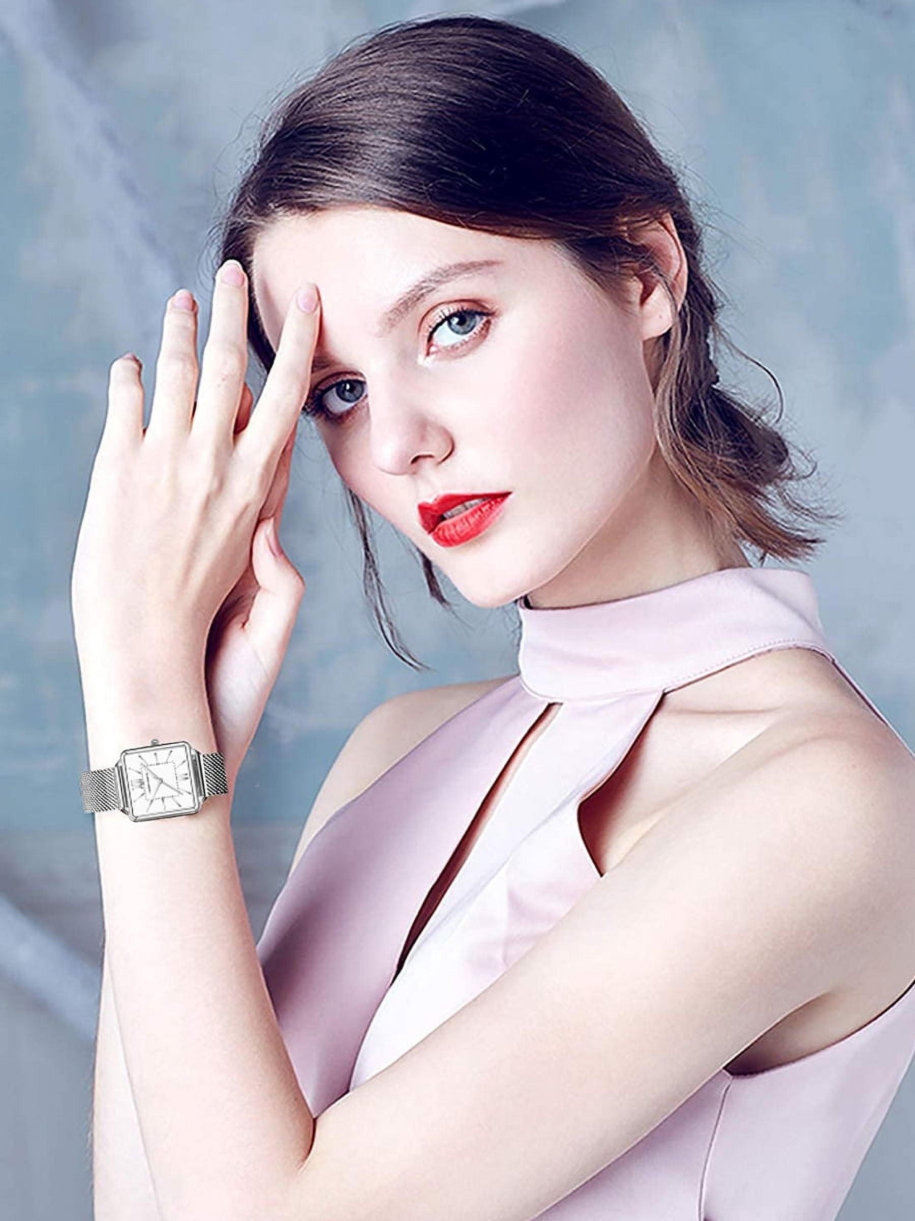 Women Square Face Watches Fashion Quartz Dress Watch for Women with Stainless Steel Mesh Band