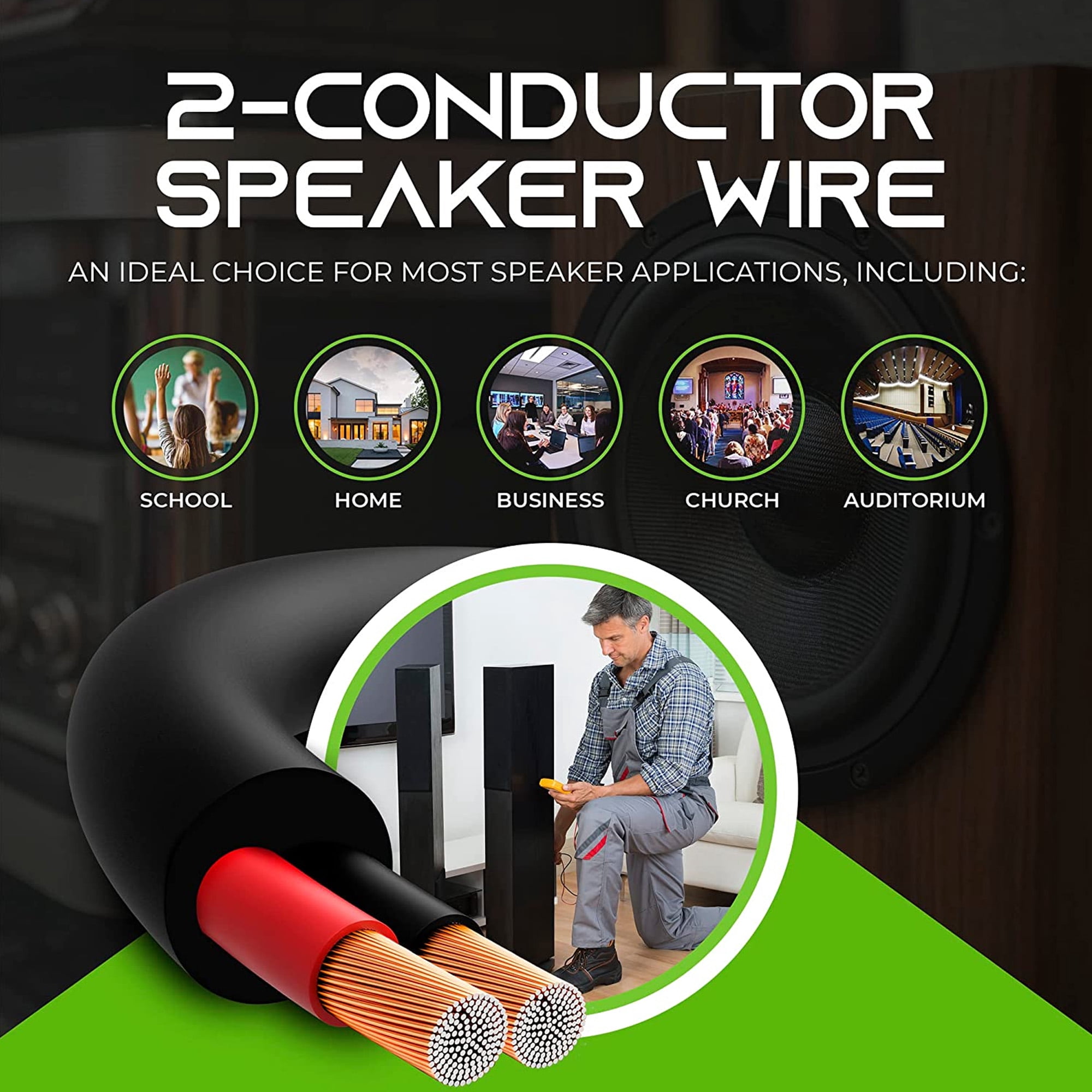 GearIT 16/2 CCA (Copper Clad Aluminum) Outdoor Speaker Wire for Outdoor Direct Burial / In Wall Speakers, Black 100 ft.