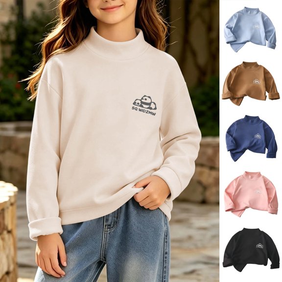 Falkdiz Girls Long Sleeve Shirts Warm Basic Soft Tops Outdoor Winter School Crew Neck Pullover for Girls Cute Graphic , Beige , Size: 2-3 Years