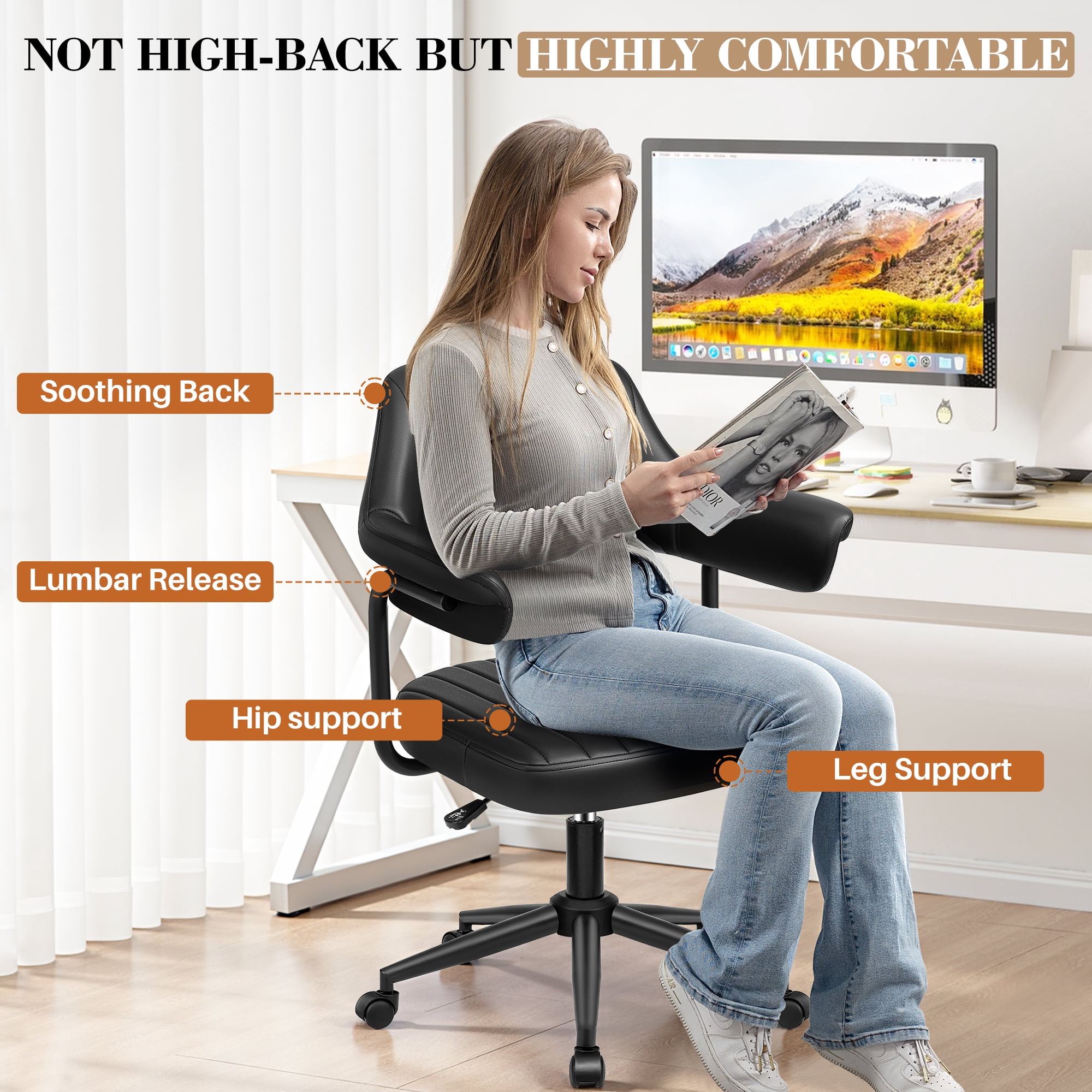ATHOPE Home Office Chair, Executive Small Leather Office Chair, Desk Chair Comfy with Arms, Height Adjustable Swivel Computer Chair with Lumbar Support, Black