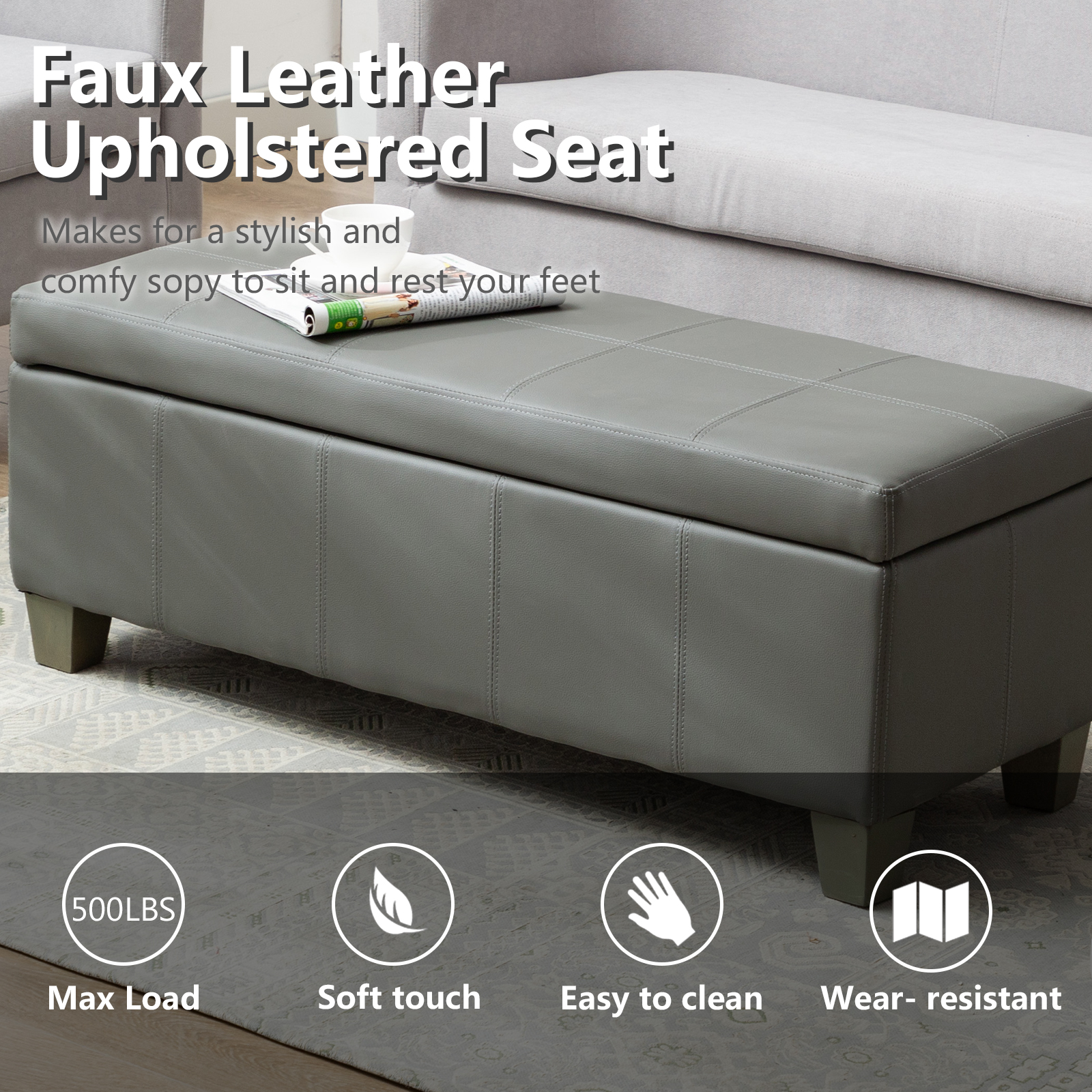 Foredo Rectangle Ottoman with Storage, Modern Faux Leather Bench with Solid Wood Legs, Ottoman for Living Room, Bedroom and Entryway, Gray