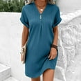 thumbnail image 3 of NXMZXB Summer Dresses for Women 2025 Casual Button V Neck Roll up Short Sleeve Tunics Beach Sundress Trendy A Line Ribbed Mini Work T Shirt Dress Blue XL, 3 of 10