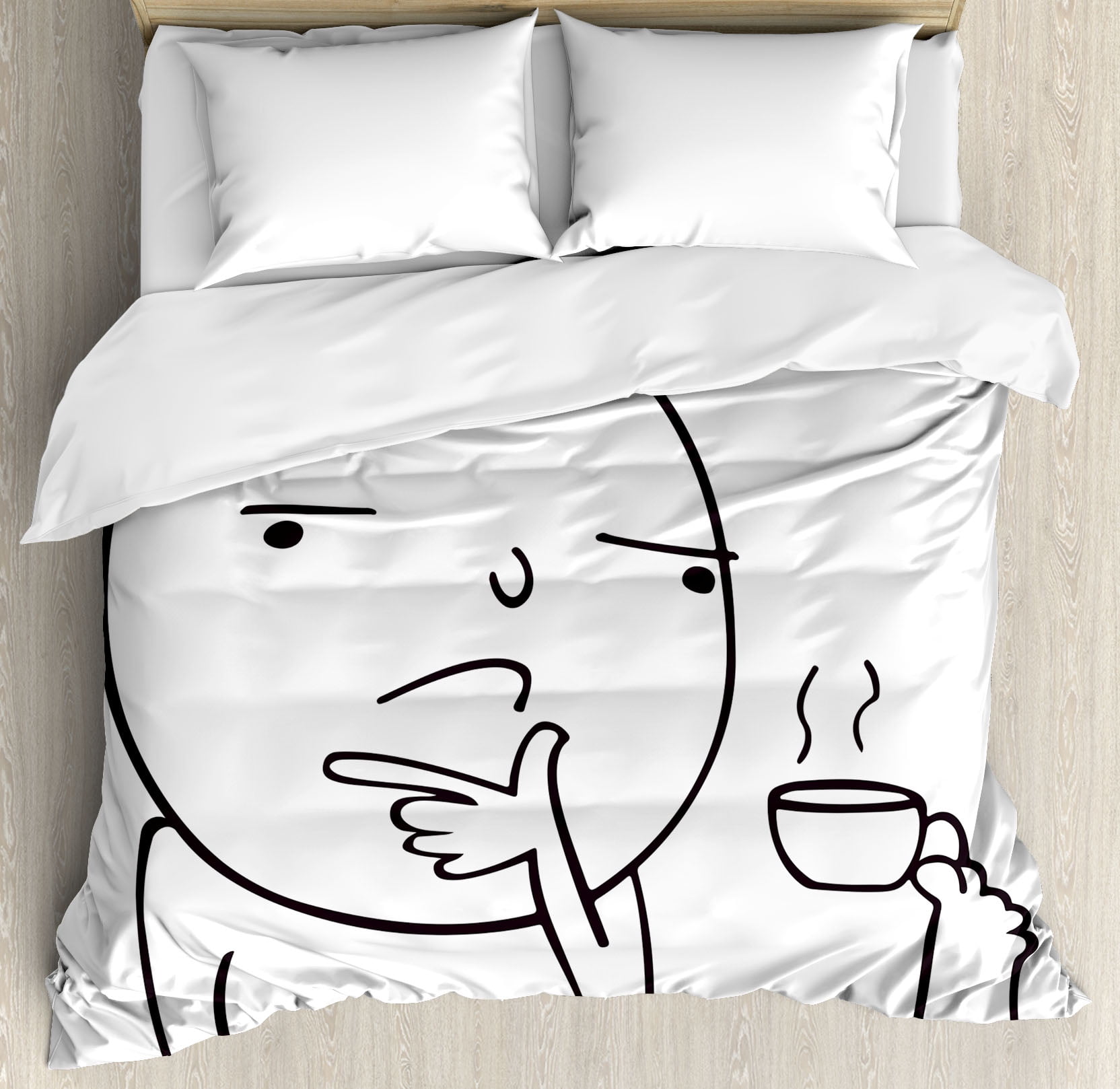 Humor Decor Queen Size Duvet Cover Set, Thoughtful Meme Drinking Coffee