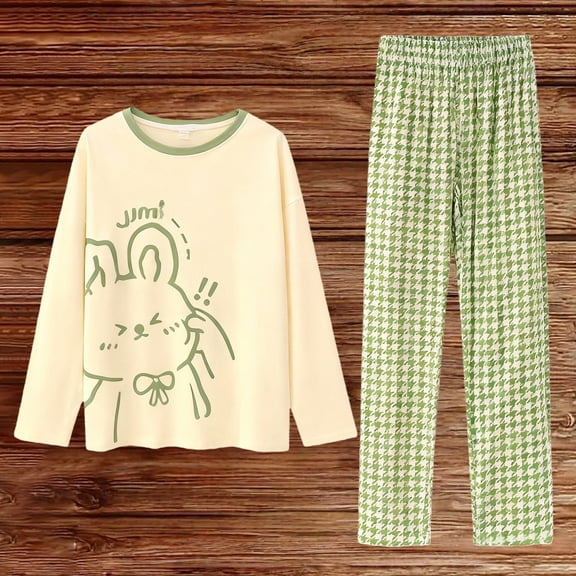 MVRLSH Pajamas For Women Set Printed Fleece Soft Warm Long Sleeve V-Neck Top Plaid Pants With Pockets Pajama Set Loungewear Green M-5Xl