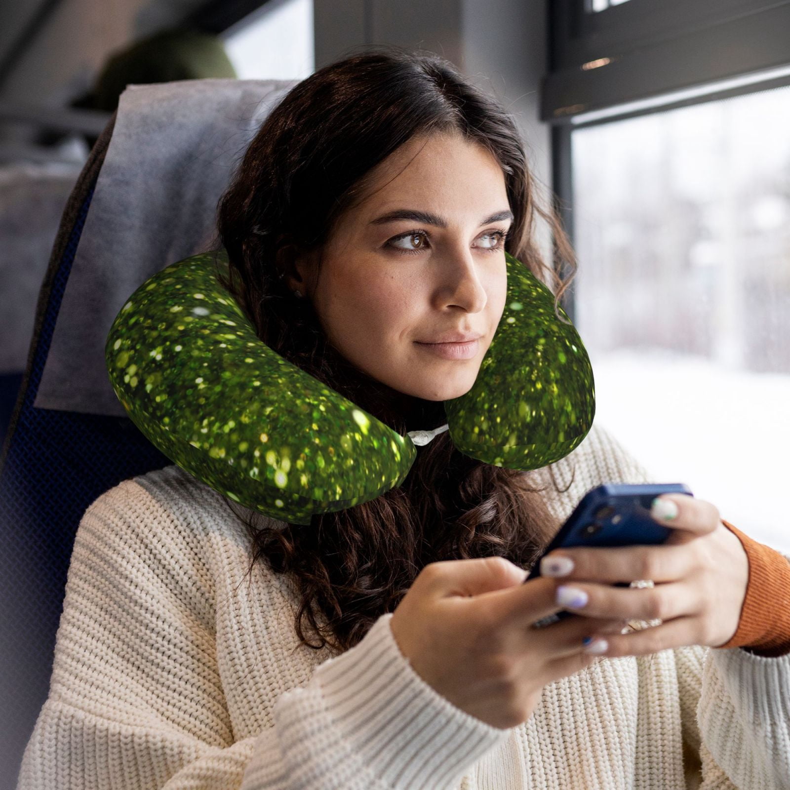 Xecao Green Glitter Sparkle Print Memory Foam Cervical Neck Pillow Versatile U-Shaped Pillows for Home,Office,Camping,Travelling,Soft Washable Cover