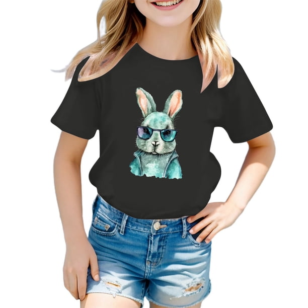 Gibobby Blusas Para Niñases Camisa de conejito de Pascua para niños pequeños y niñas, camiseta de Pascua, camisetas gráficas de conejo lindo para niños (Negro, 7-8 Años)