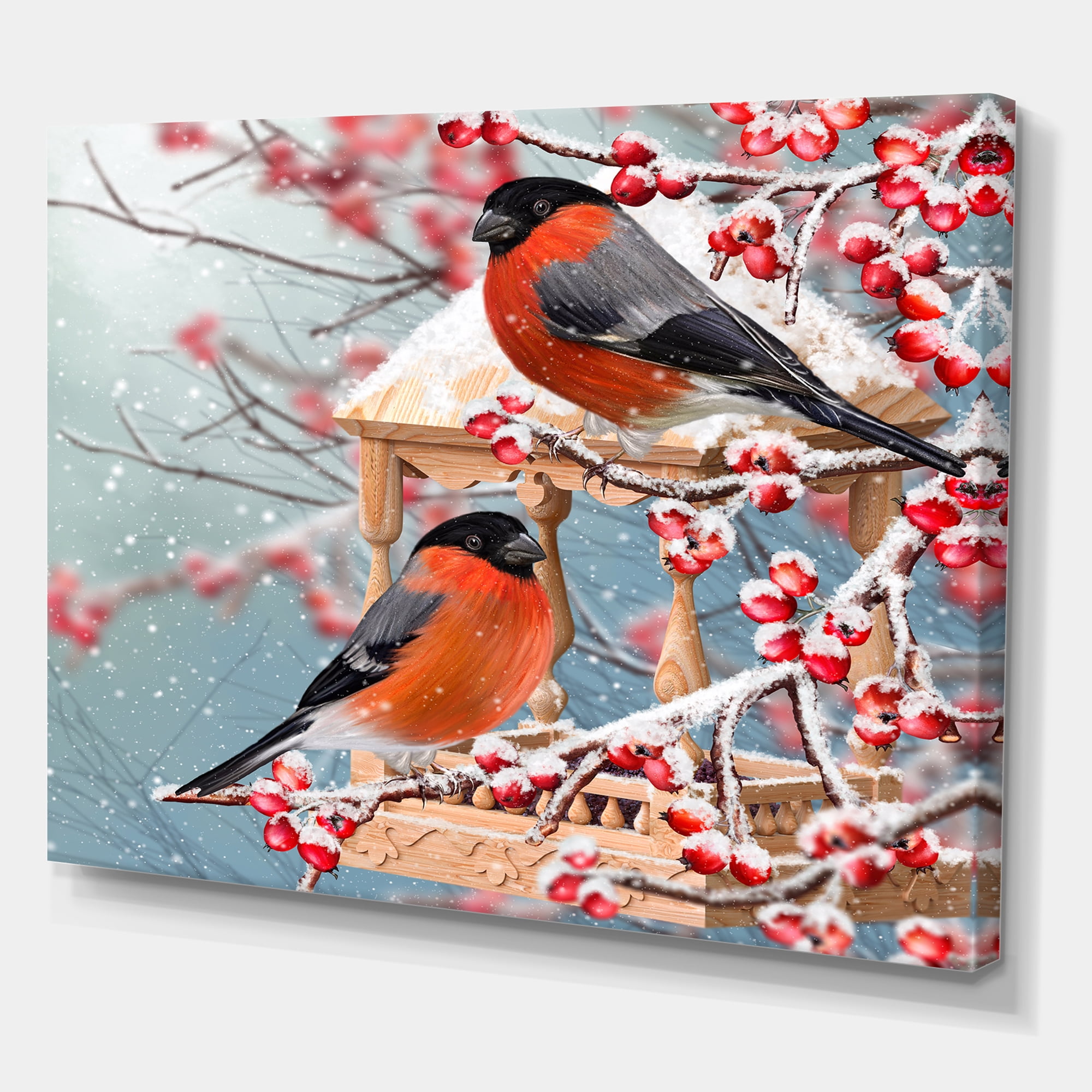 Designart ' Two Tits Sit On A Snow-Covered Berries Branch ' Traditional Canvas Wall Art Print