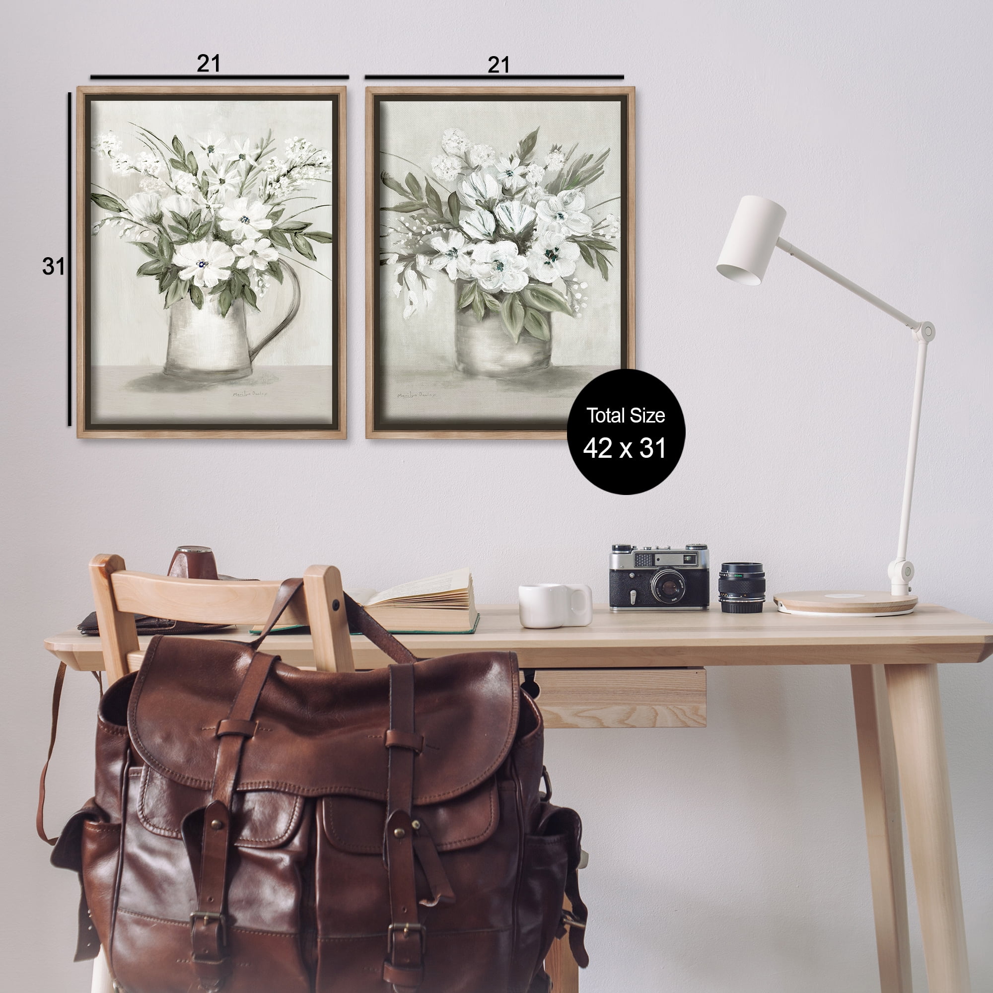 Stupell Industries Country Vases with Bouquets Plants & Flowers Painting Brown Floater Framed Canvas Art Print Wall Art, 21 x 31, Set of 2