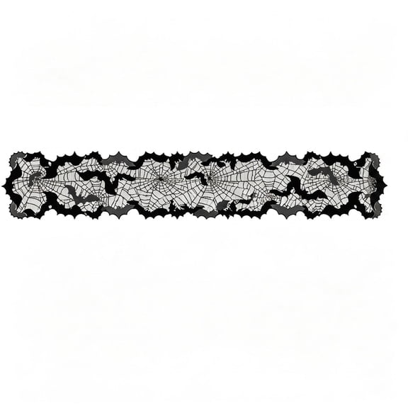 Web Table Runner with Black Lace and Scalloped Bat Edges, Halloween Table Decorations for Party, Fall Table Runner for Dining Table, 68 Inch Long