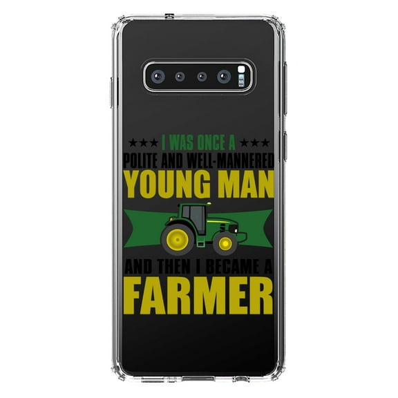 DistinctInk Clear Shockproof Hybrid Case for Samsung Galaxy S10  PLUS (6.4" Screen) - TPU Bumper Acrylic Back Tempered Glass Screen Protector - Was Well Mannered Young Man Then Farmer