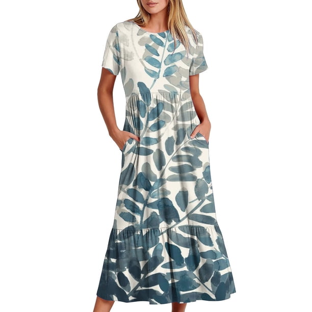 Vestido de Manga Corta para Mujeres Vestido de Verano de Cuello Redondo Impreso, Poliéster de Tamaño Verdadero Diario Y Vestido de Fiesta