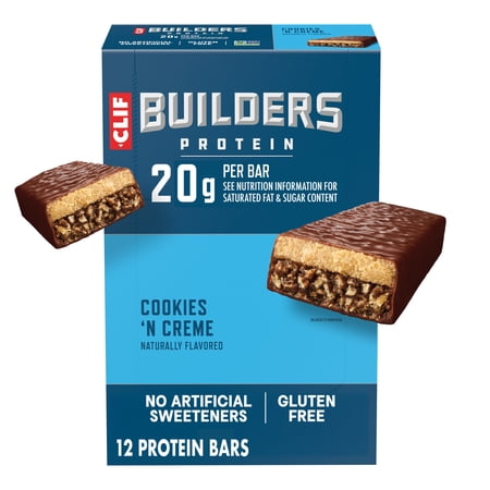 CLIF BUILDERS Protein Bars Cookies 'n Cream Flavor, Plant Protein, Gluten Free Bars, 12ct