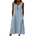 thumbnail image 2 of UPPADA Summer Midi Dresses for Women Button V Neck Sleeveless Dresses Casual Cotton Linen Shift Dress Loose Fit Flowy A Line Dress with Pockets Light Blue,XL, 2 of 5