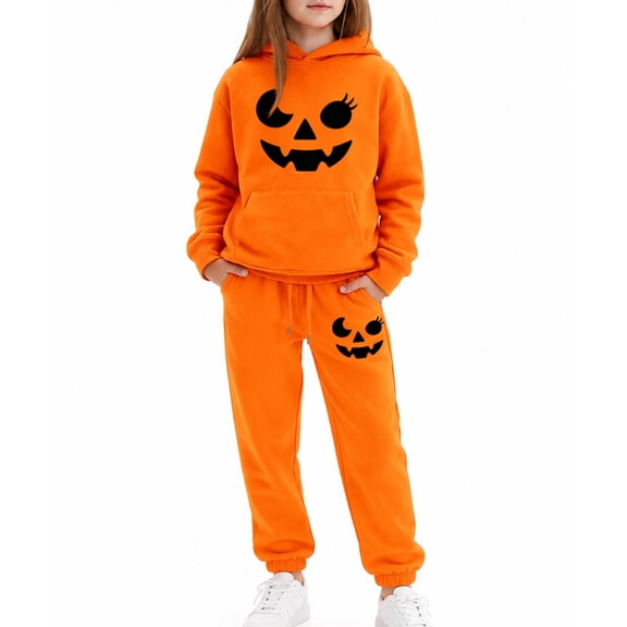Bysome Girls Outfit Set Graphic Print Long Sleeve Hooded Tees With Pants Outfit Halloween Loose Fit Girls Set Size 2-3 Years Orange