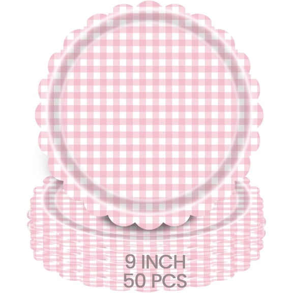 Pink Christmas Gingham Paper Plates, Scalloped Edge Disposable Party Dinner Plates
