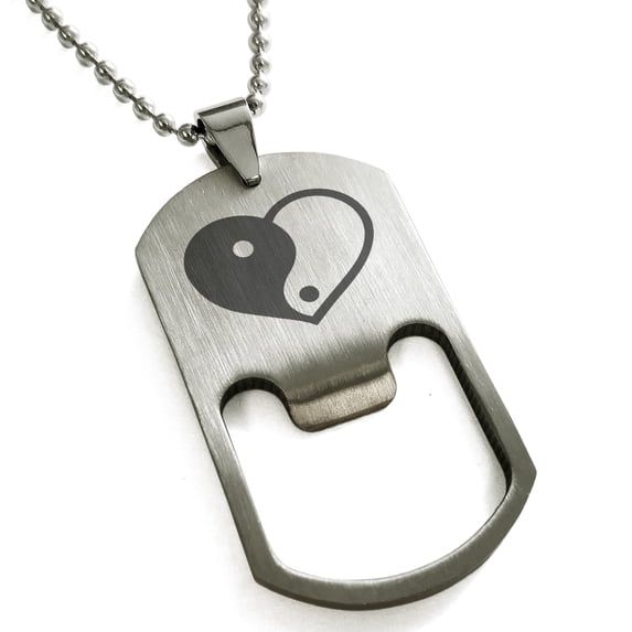 Stainless Steel Yin Yang Heart Engraved Bottle Opener Dog Tag Pendant Necklace