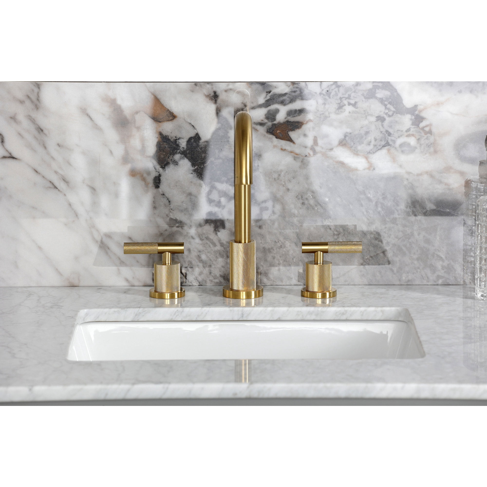 Kingston Brass FSC8923KNL Convergent Two-Handle 3-Hole Deck Mount Widespread Bathroom Faucet with Knurled Handle and Brass Pop-Up in Brushed Brass