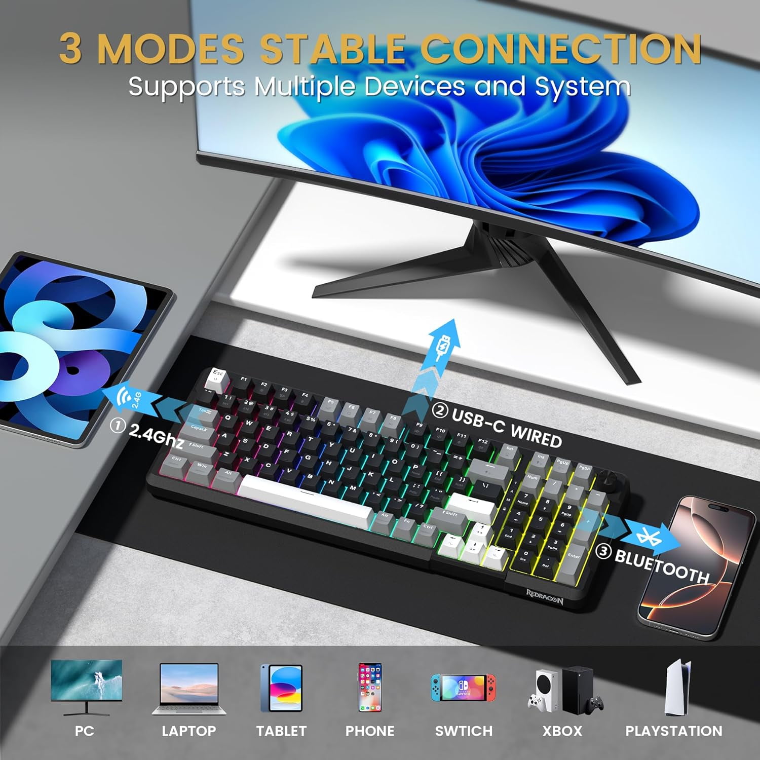 COSTOM Wireless Mechanical Keyboard, 3 Mode Gasket Mounted RGB Gaming Keyboard with Volume Knob, Pre-Lubed Linear Switches, MDA-Profile, 98 Keys Hot Swappable Creamy Keyboard for PC/Tablet/Xbox/PS4