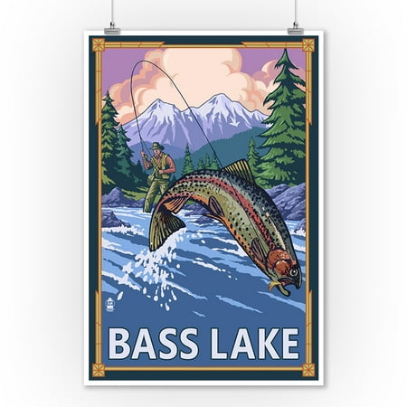 Bass Lake, California - Angler Fly Fishing Scene (Leaping Trout) - Lantern Press Poster (9x12 Art Print, Wall Decor Travel (Best Trout Fishing Lakes In Northern California)