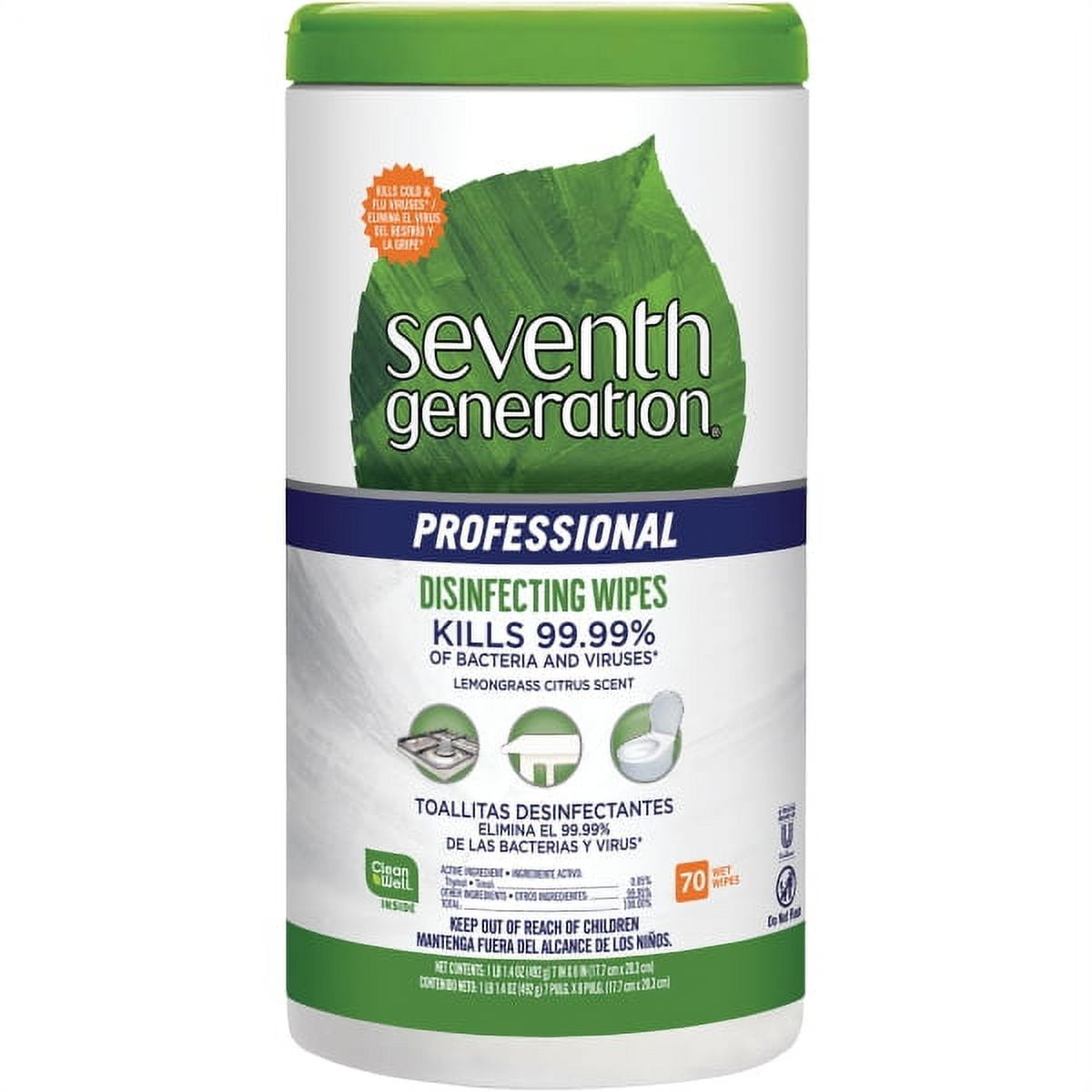 Seventh Generation® Professional Disinfecting Multi-Surface Wipes, 8" x 7", Lemongrass Citrus, 70 Wipes Per Canister, Carton Of 6 Canisters