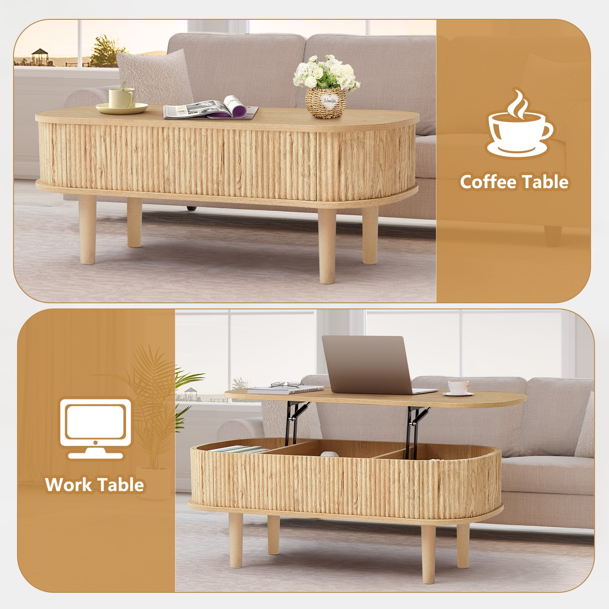 PHOYAL Wood Lift Top Coffee Table with Storage, Fluted Oval Coffee Table with Hidden Compartments for Living Room, Natural