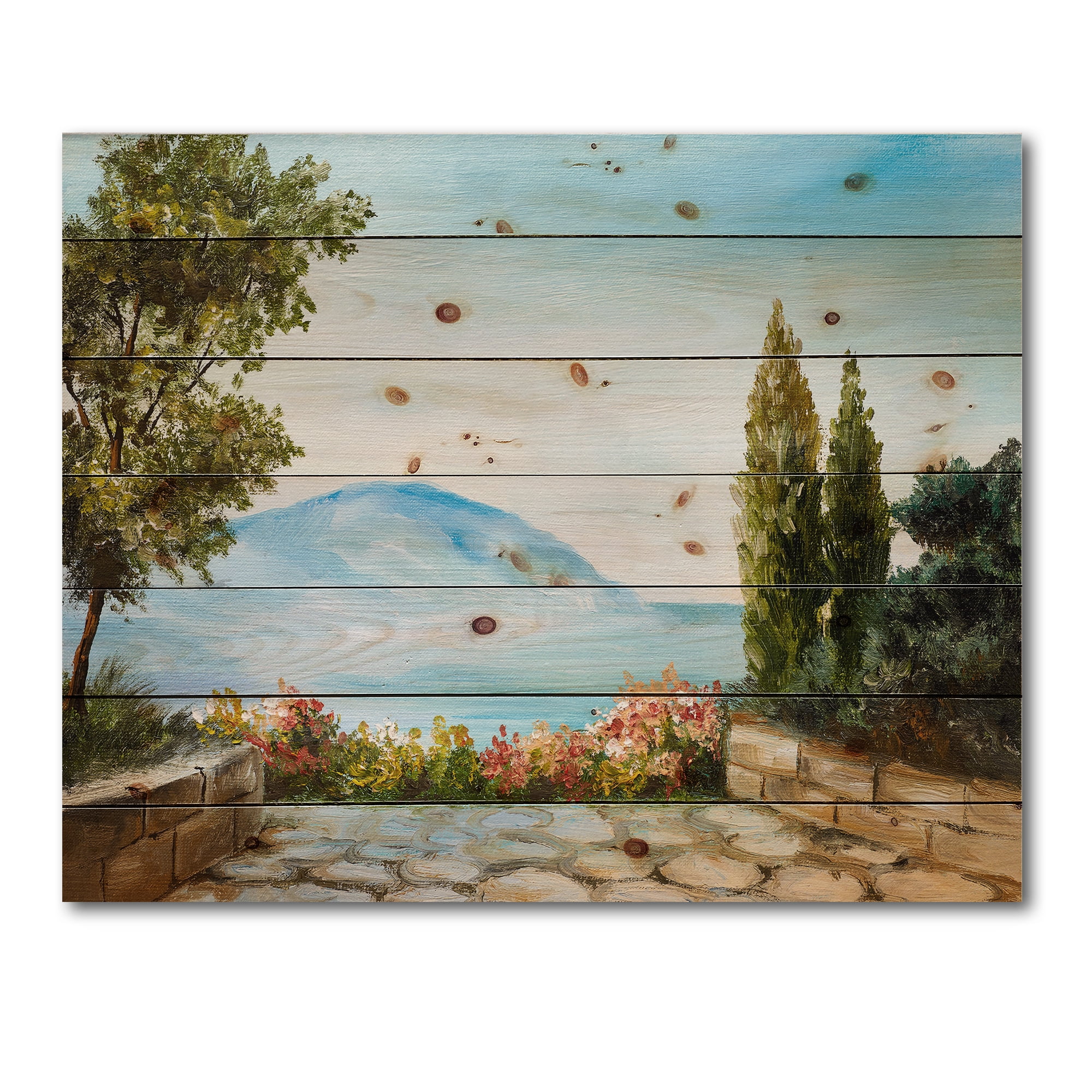 Designart 'Beautiful Mountains View By The Sea Side' Nautical & Coastal Print on Natural Pine Wood