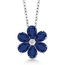 Gem Stone King 3.09 Ct Blue Sapphire White Topaz 925 Silver and 10K Yellow Gold Pear Shape Flower Pendant with Chain