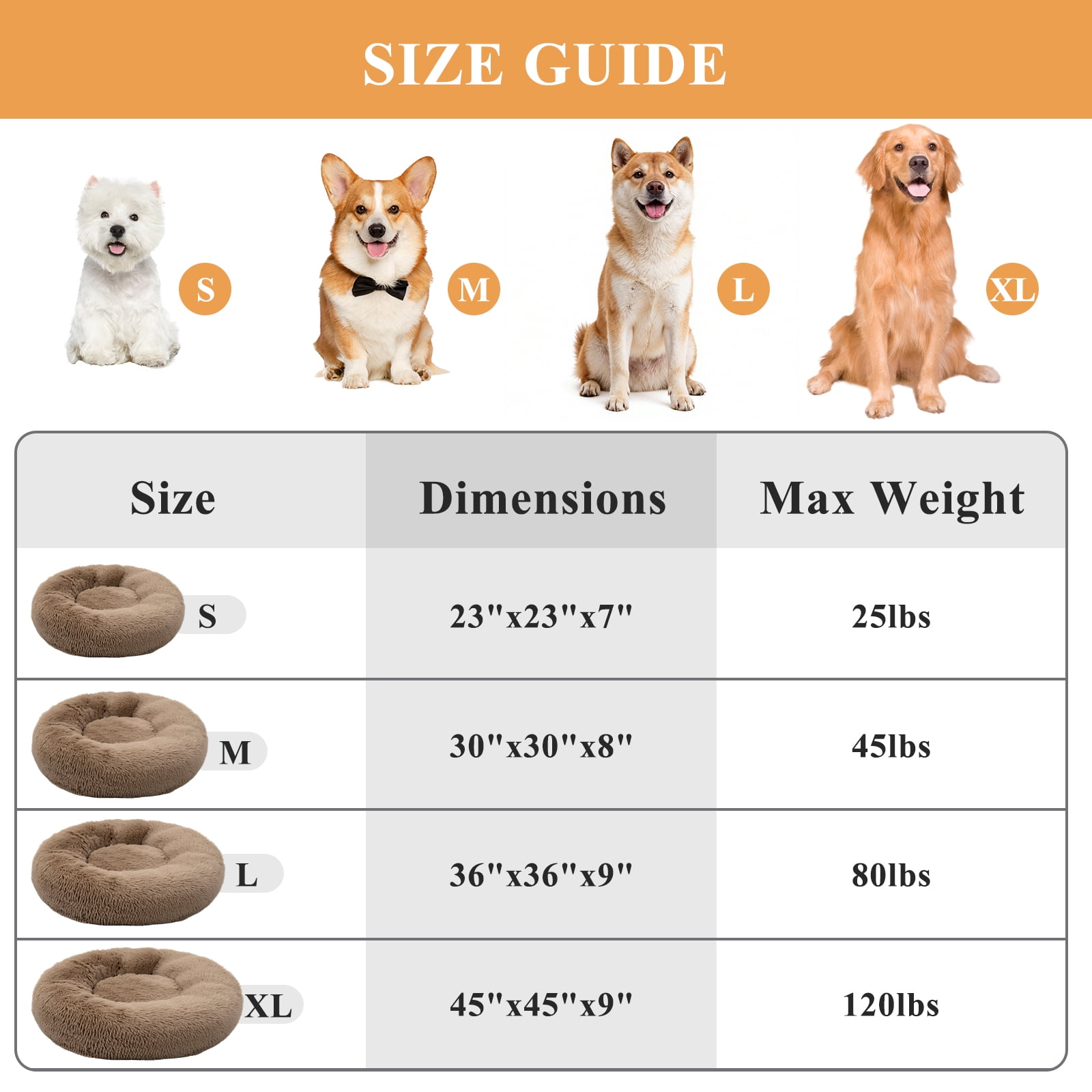 Vaukki 36"Dog Bed with Non Slip Bottom,Soft Warm Faux Fur Pet Bed,Comfortable Donut Round Plush Dog and Cats Beds,Brown