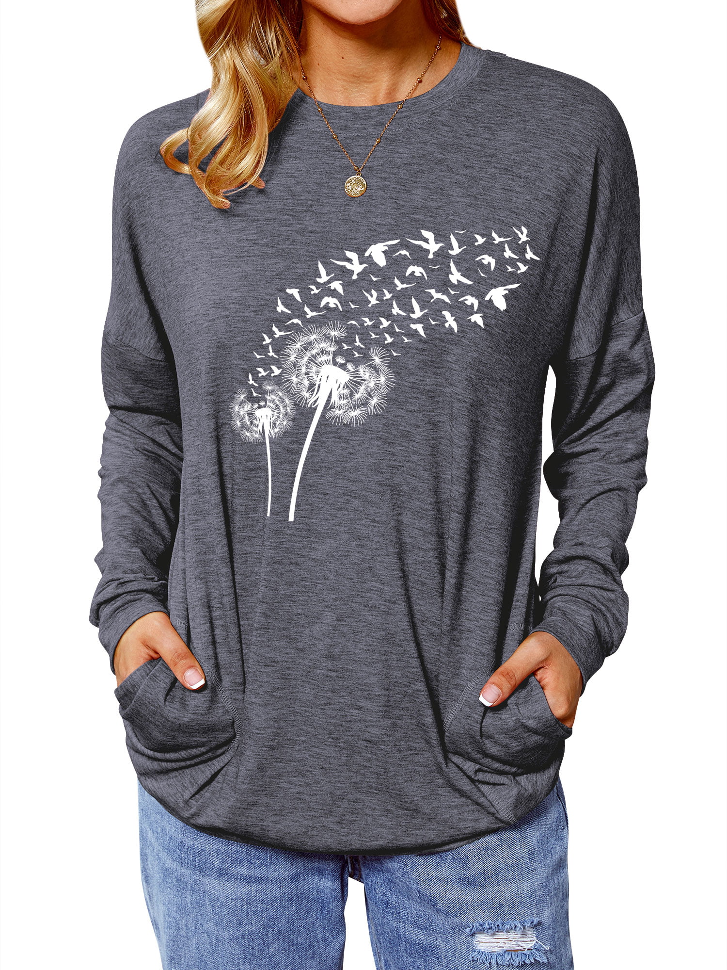 POTO Pullover Sweatshirts for Women Cround Neck Long Sleeve Blouses Dandelion Printing Tee Shirts Tops