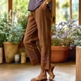thumbnail image 2 of Lumtrix Cropped Cotton Linen Pants Women Drawstring Straight Leg Lace Patchwork Summer Casual Beach Boho Pants Capris with Pockets Brown M, 2 of 5