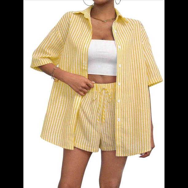 Pijama de 2 Piezas para Mujer, con Botones A Rayas, Corta, Solapa y Pantalón Corto. Amarillo L