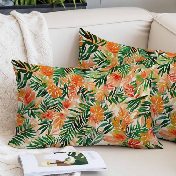 Orange Green Palm Leaves Pillow Covers 20x26 Inch Standard Size, Summer Tropical Floral Decorative Pillowcase with Zipper, Microfiber Pillow Protector, Breathable Pillowcases for Sofa Bed Living Room