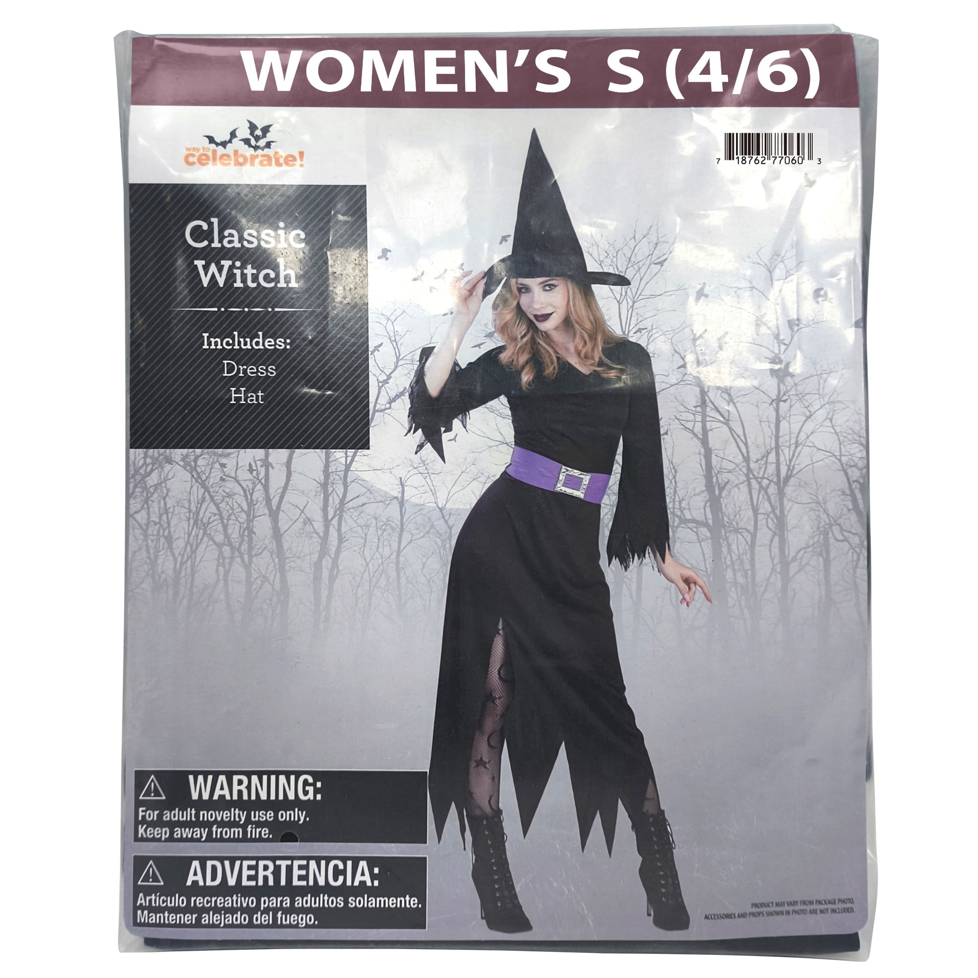 Classic Witch Halloween Costume for Adults, Women's Size S (4/6), by Way to Celebrate