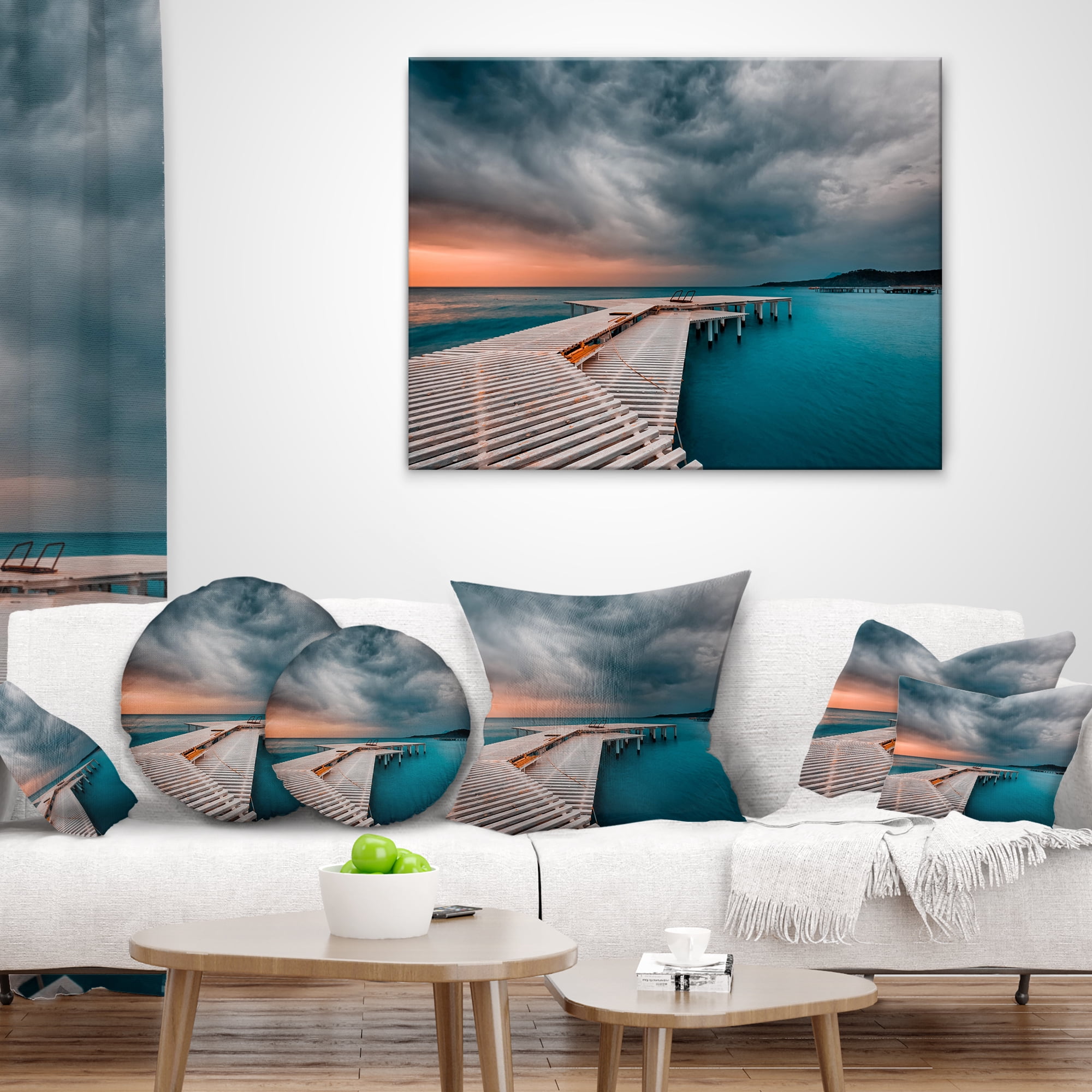 Designart Pier in Ocean in Cloudy Day - Seashore Photo Throw Pillow - 18x18
