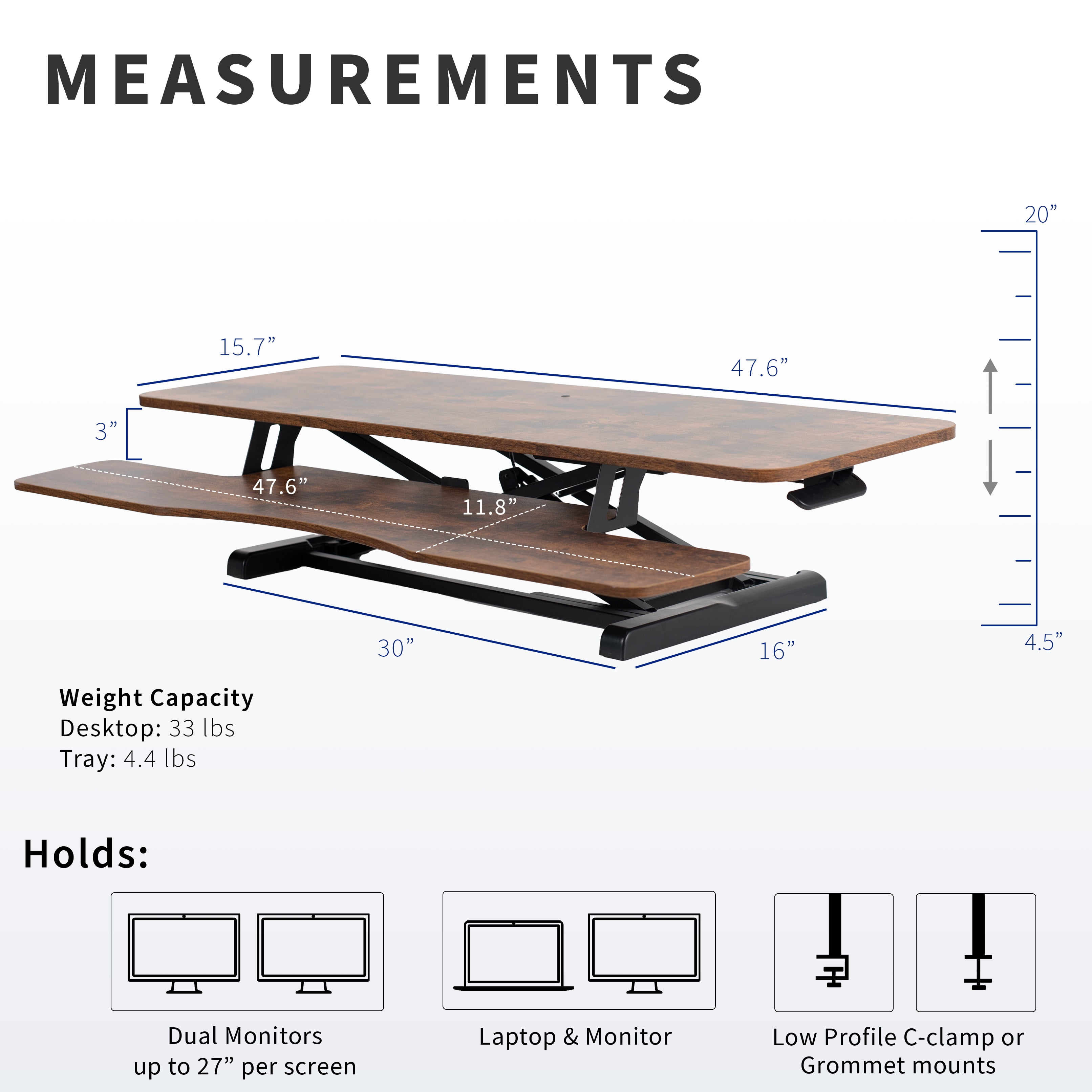 VIVO Vintage Brown / Black Height Adjustable 48" Standing Desk Monitor Riser