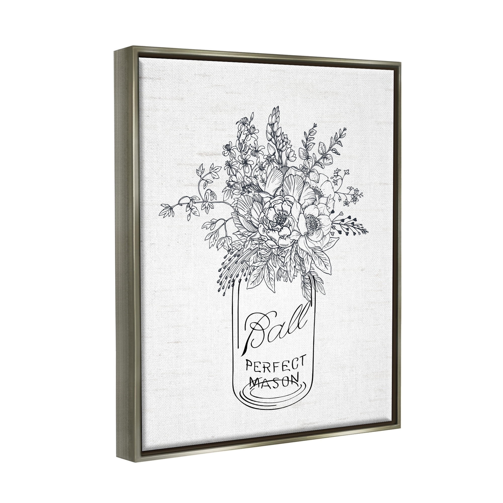 Stupell Industries Detailed Flower Bouquet Outline Drawing Rustic Jar Graphic Art Luster Gray Floating Framed Canvas Print Wall Art, Design by Lettered and Lined