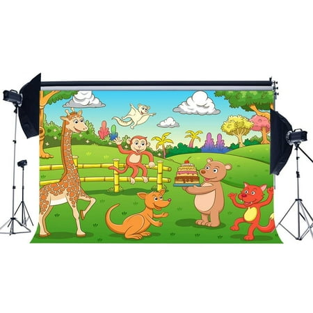 Image of ABPHOTO Polyester 7x5ft Zoo Park Backdrop Animals World Backdrops Cake Smash Giraffe Jungle Forest Green Grass Meadow Cartoon Photography Background for Boys Girls Happy Birthday Photo Studio Props