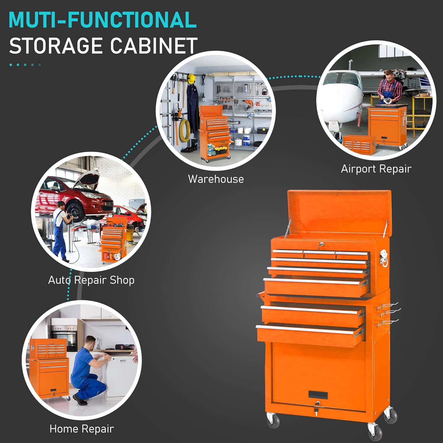 2-IN-1  Tool Chest & Cabinet, Large Capacity 8-Drawer Rolling Tool Box Organizer with Wheels Lockable, Orange