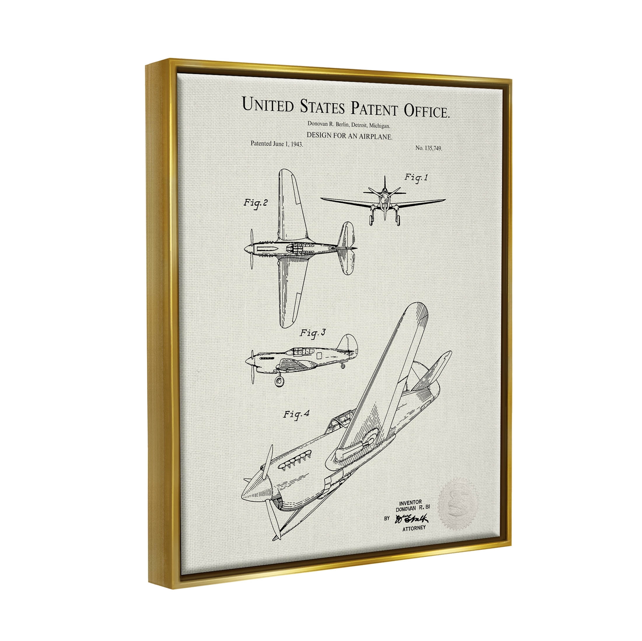 Stupell Industries Aircraft Patent Diagram Chart Graphic Art Metallic Gold Floating Framed Canvas Print Wall Art, Design by Karl Hronek