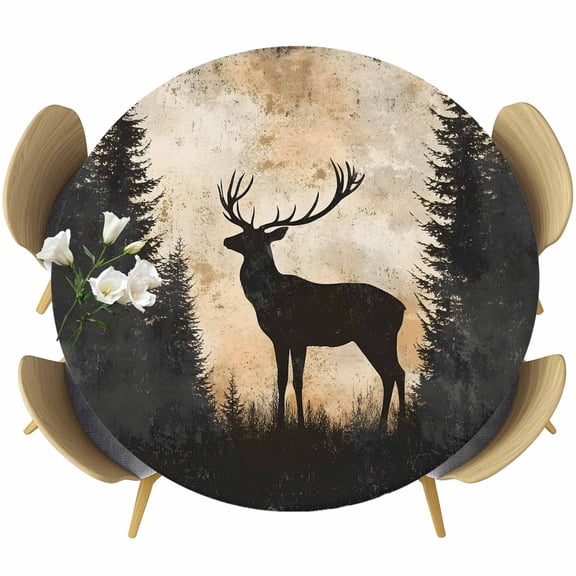 Rustic Black Deer Round Tablecloth 36-44 Inch Round Fitted Table Cloth with Elastic Edge, Vintage Country Animals Forest Waterproof Table Cover Protector for Outdoor Picnic Party Dining