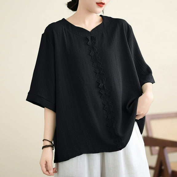 Sawvnm Women's Spring Summer Casual Short Sleeve Round-Neck Solid Color Loose One Size Blouse Tops Black Free Size