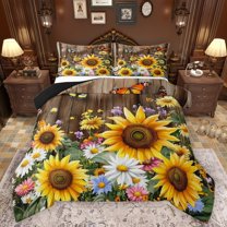 Castle Fairy Sunflowers Daisy Butterflies Full Size Comforter Sets 3-Piece for Boys Girls,Chic Floral Blossoms Bedding Comforter Set,Old Barn Door Lightweight Bedding Sets,Lightweight Room Decor