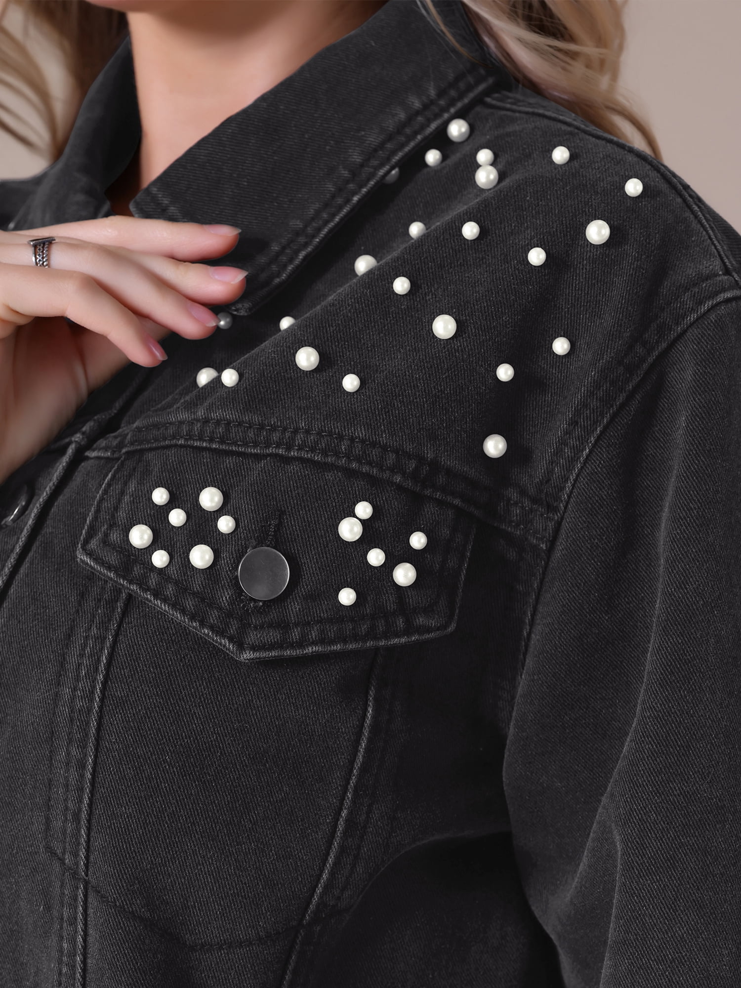 Unique Bargains Women's Jean Jacket Long Sleeve Button Up Denim Jackets L Black