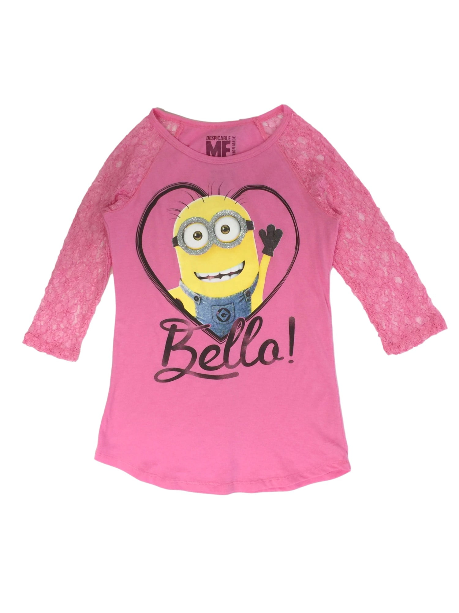 Despicable Me Despicable Me Girls Pink Minion Bello Lace Quarter Sleeve T Shirt Top Walmart Com Walmart Com